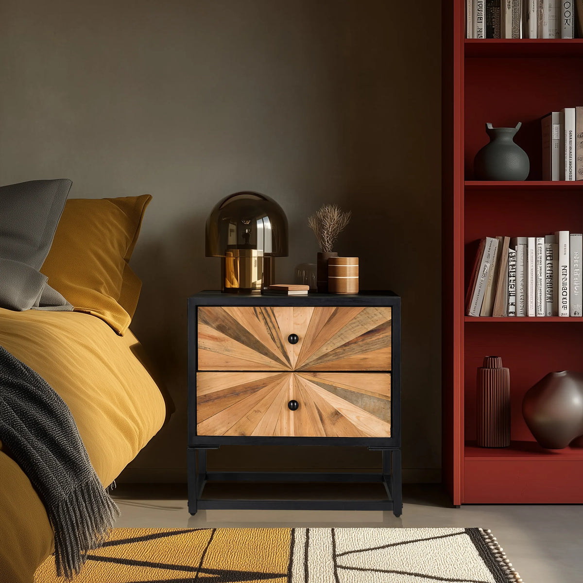Dressoir SANTJAGO BLACK SUN S van donker hout met twee laden en een zwart onderstel van hjh LIVING