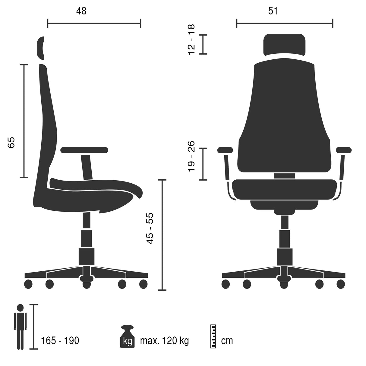 Technische tekening van de Thuisgebruik bureaustoel Ergomy Colore met een maximale belasting van 120 kg van MyBuero