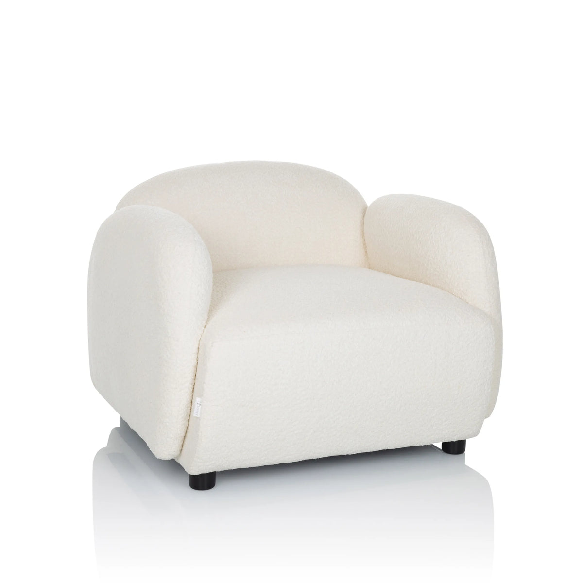 Witte Lounge stoel VERDUNA met gestructureerde stofbekleding en korte zwarte poten van hjh LIVING – 360-gradenweergave (vooraanzicht 15°)