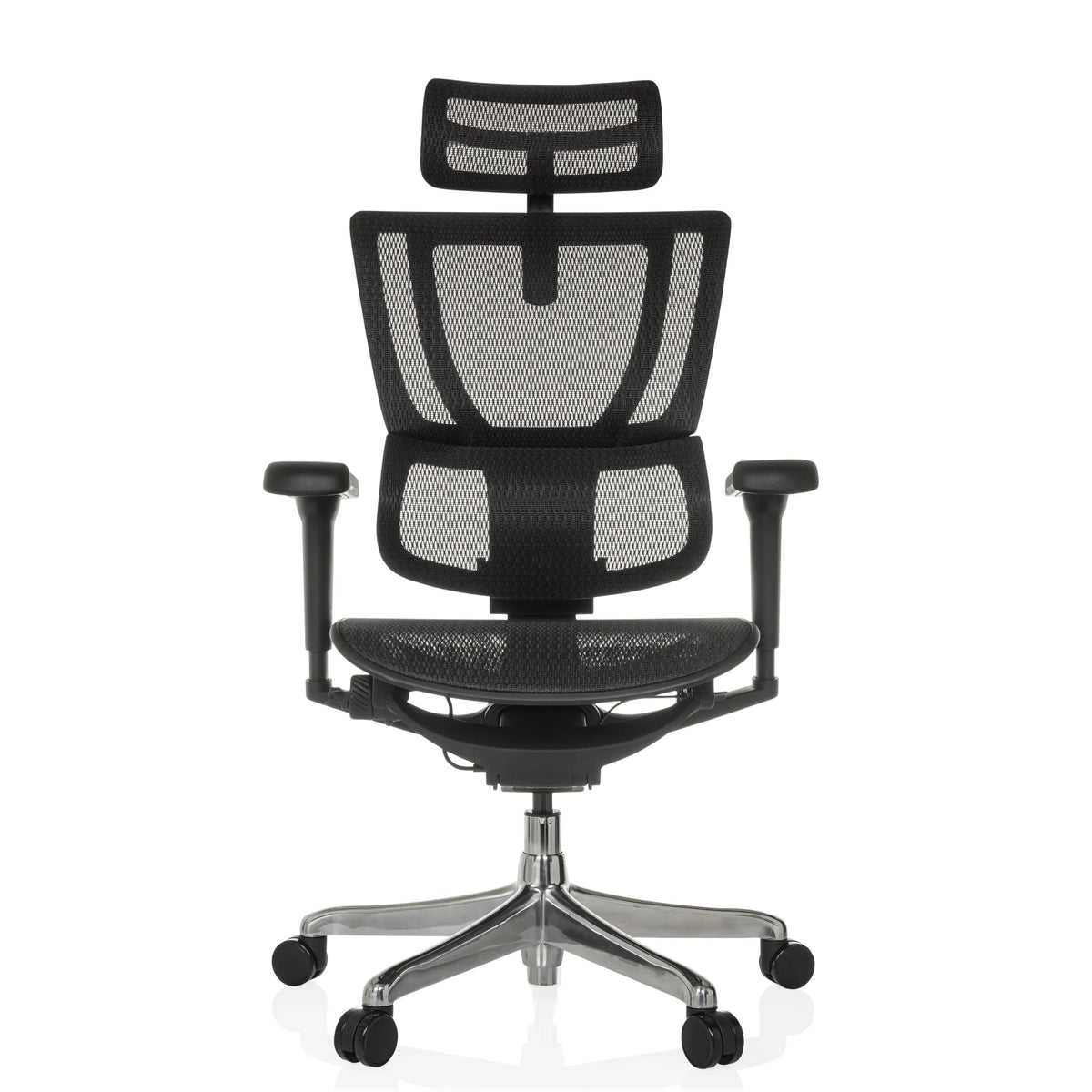 Zwarte Luxe directiestoel ERGOHUMAN SLIM ULTRA GEN2 met netrugleuning en vijfpoot met wieltjes van hjh OFFICE – 360-gradenweergave (vooraanzicht 0°)
