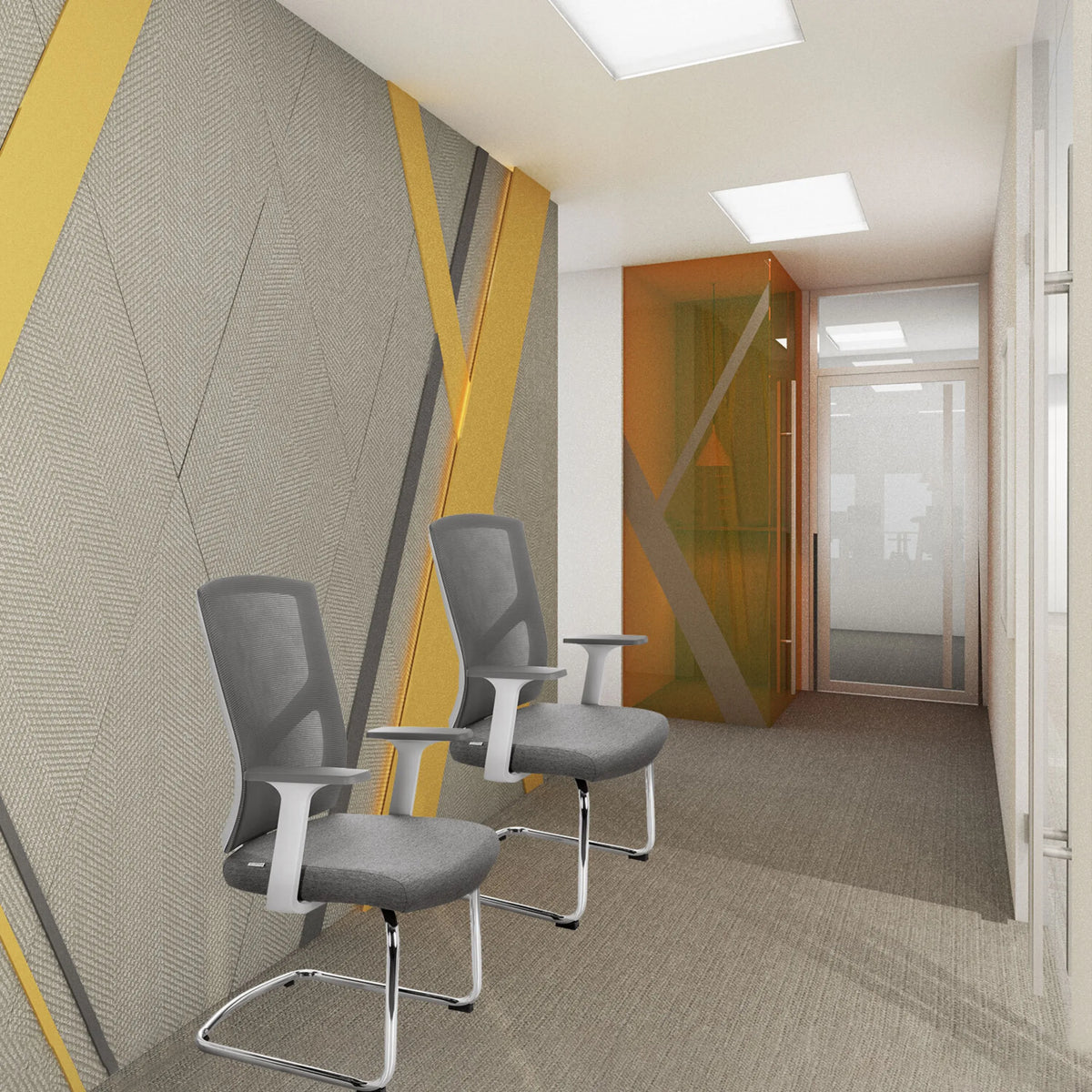 Twee grijze BRETON V W vergaderstoelen met armleuningen in een moderne gang van hjh OFFICE