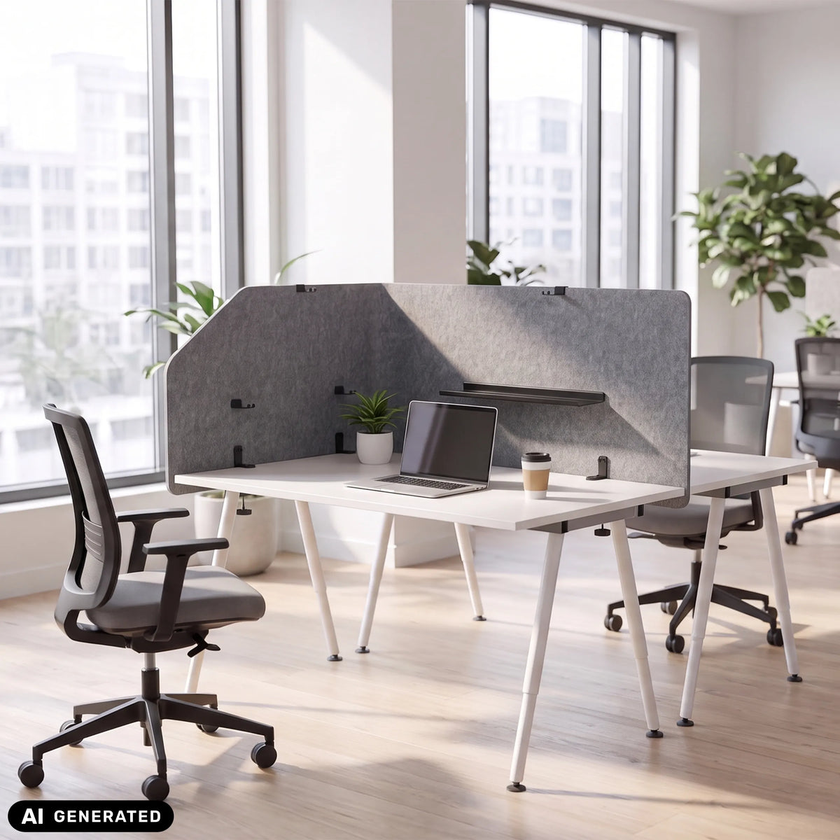 Grijze tafelverdeler FLEXMIUT T TOP van 160 cm lengte op een wit bureau van hjh OFFICE (AI-gegenereerde afbeelding)