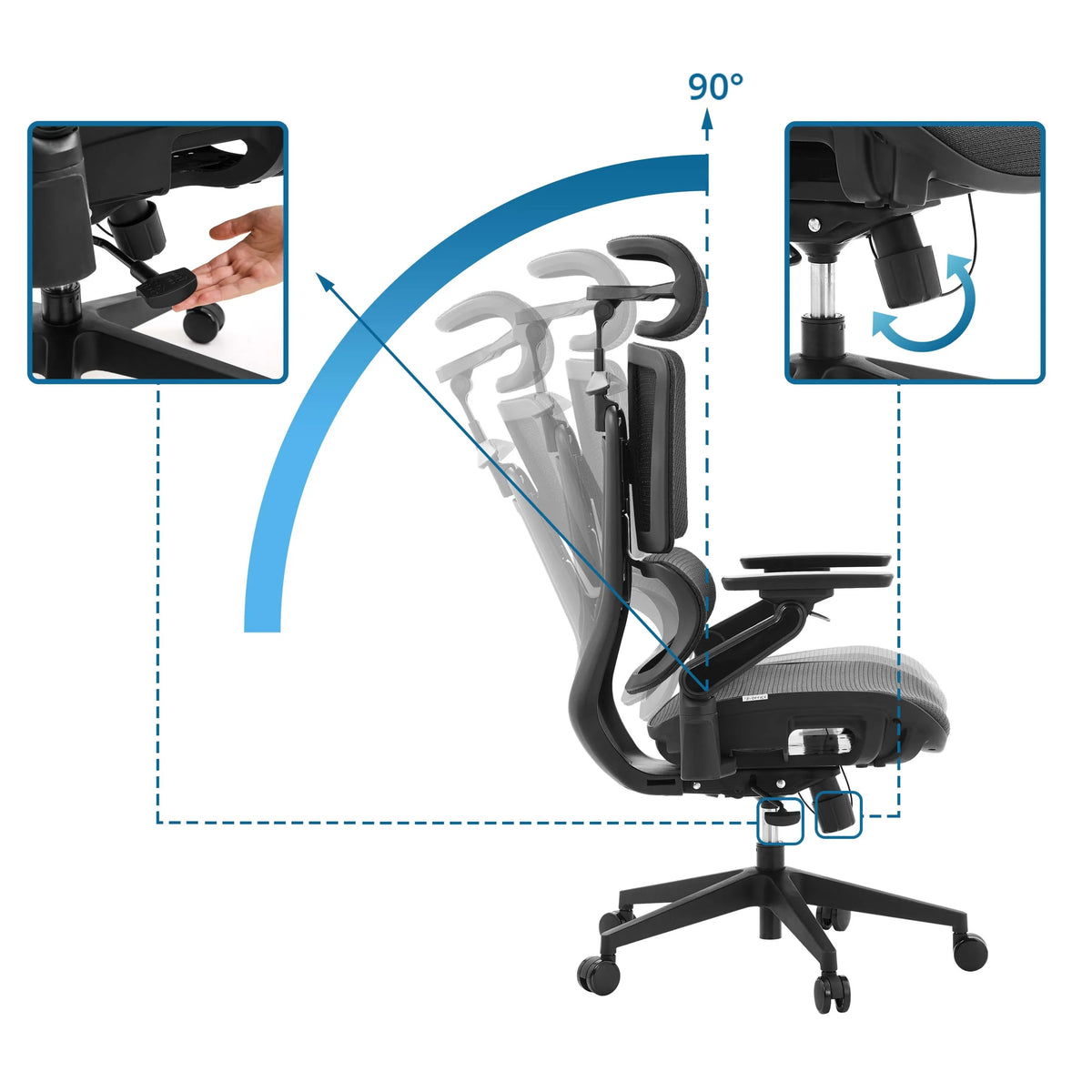 Kantelverstelling van de rugleuning van de professionele bureaustoel Ergo U2 Pro3 tot 90 graden van hjh OFFICE