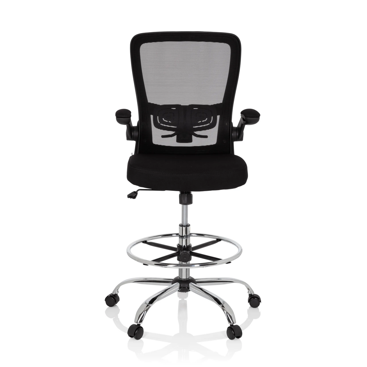 Zwarte Baliestoel VENDO WORK met netrug, voetring en vijfsterrenvoet met wielen van hjh OFFICE – 360-gradenweergave (vooraanzicht 0°)
