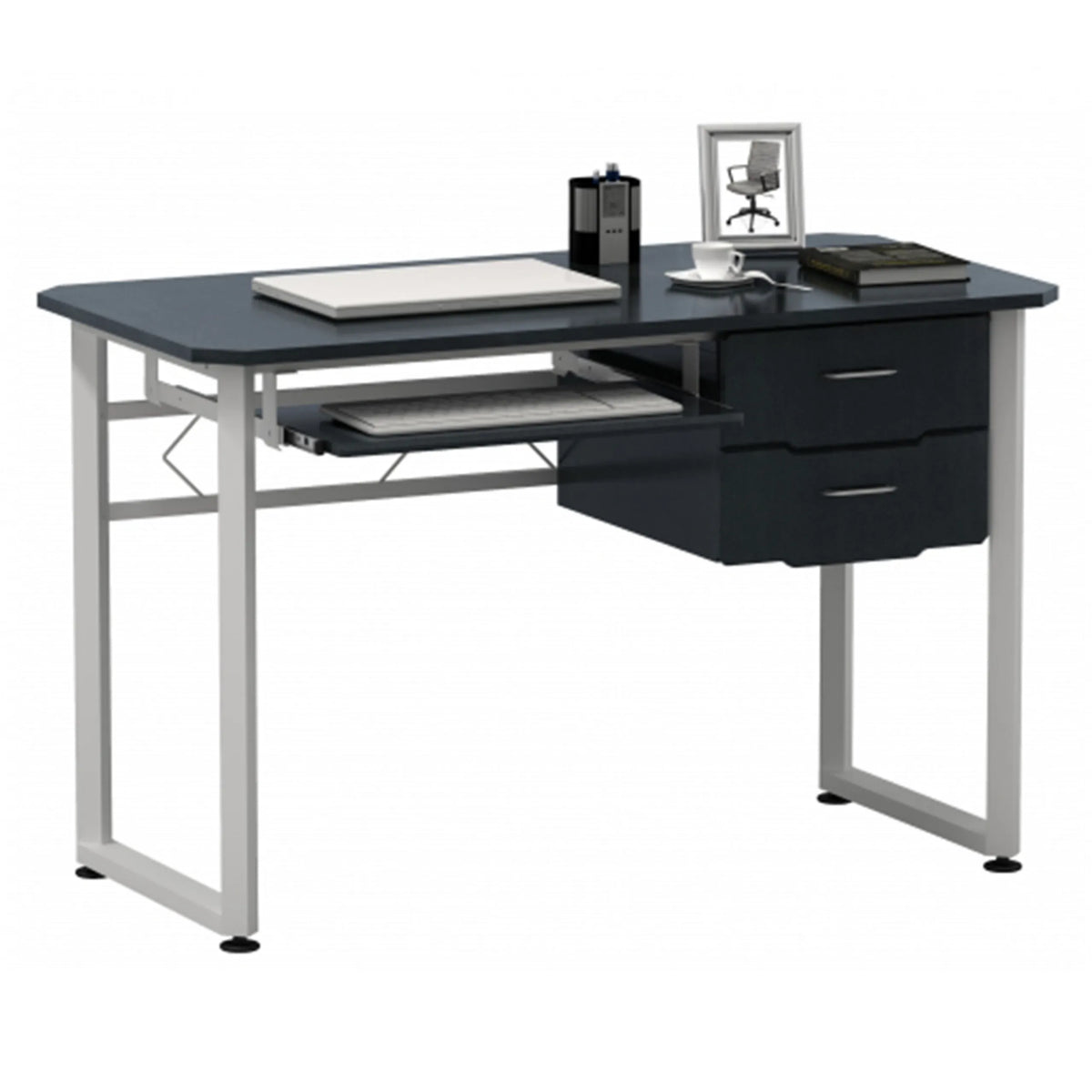 Bureau WORKFLOW in grafiet en wit met uitschuifbare toetsenbordlade en twee laden van hjh OFFICE