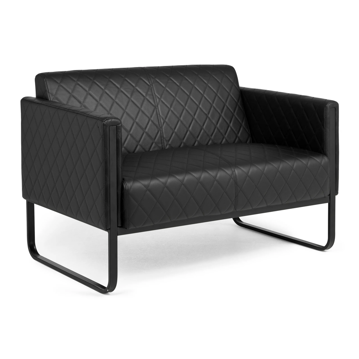 Zwarte lounge bank ARUBA BLACK als tweezitter met stiksels en sleeonderstel van hjh OFFICE – 360-gradenweergave (achteraanzicht 180°)