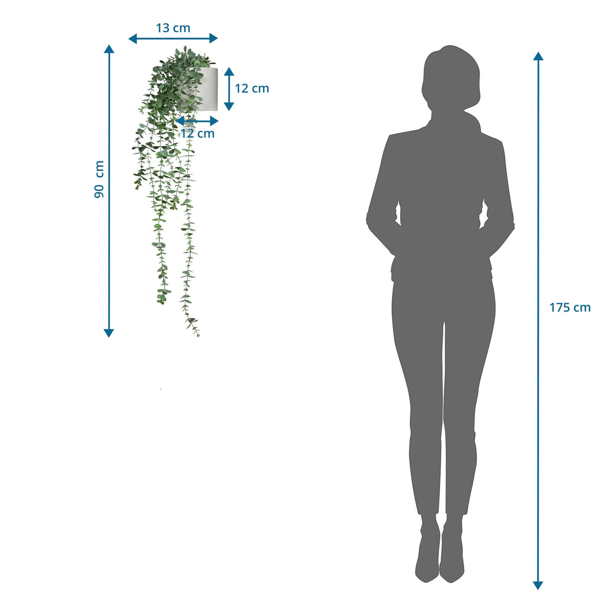 Maattekening van de Kunstplant EUCALYPTUS CLIMB met een totale hoogte van 90 cm van hjh OFFICE