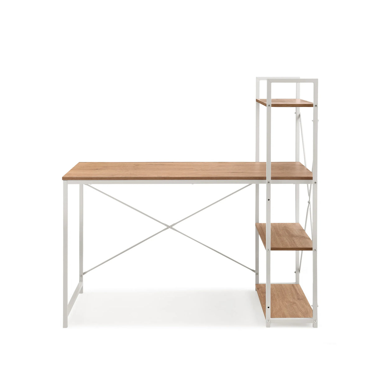 Bureau Easy Up3 in wit en eiken met geïntegreerd rek en X-steunen van hjh LIVING – 360-gradenweergave (vooraanzicht 0°)