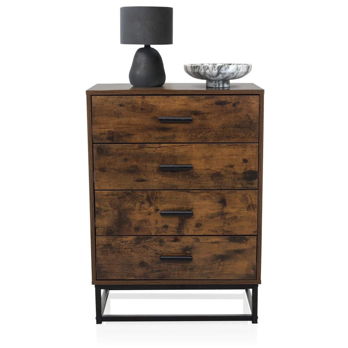 Commode VINSTRA in het bruin met vier lades, zwarte handgrepen en een zwart metalen onderstel van hjh LIVING