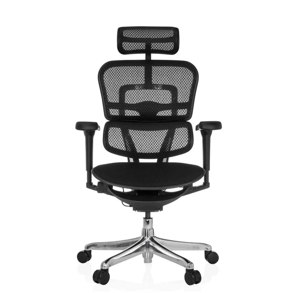 Zwarte Luxe directiestoel ERGOHUMAN ULTRA F GEN2 met netrugleuning en vijfster-onderstel met zwenkwielen van hjh OFFICE – 360-gradenweergave (vooraanzicht 0°)