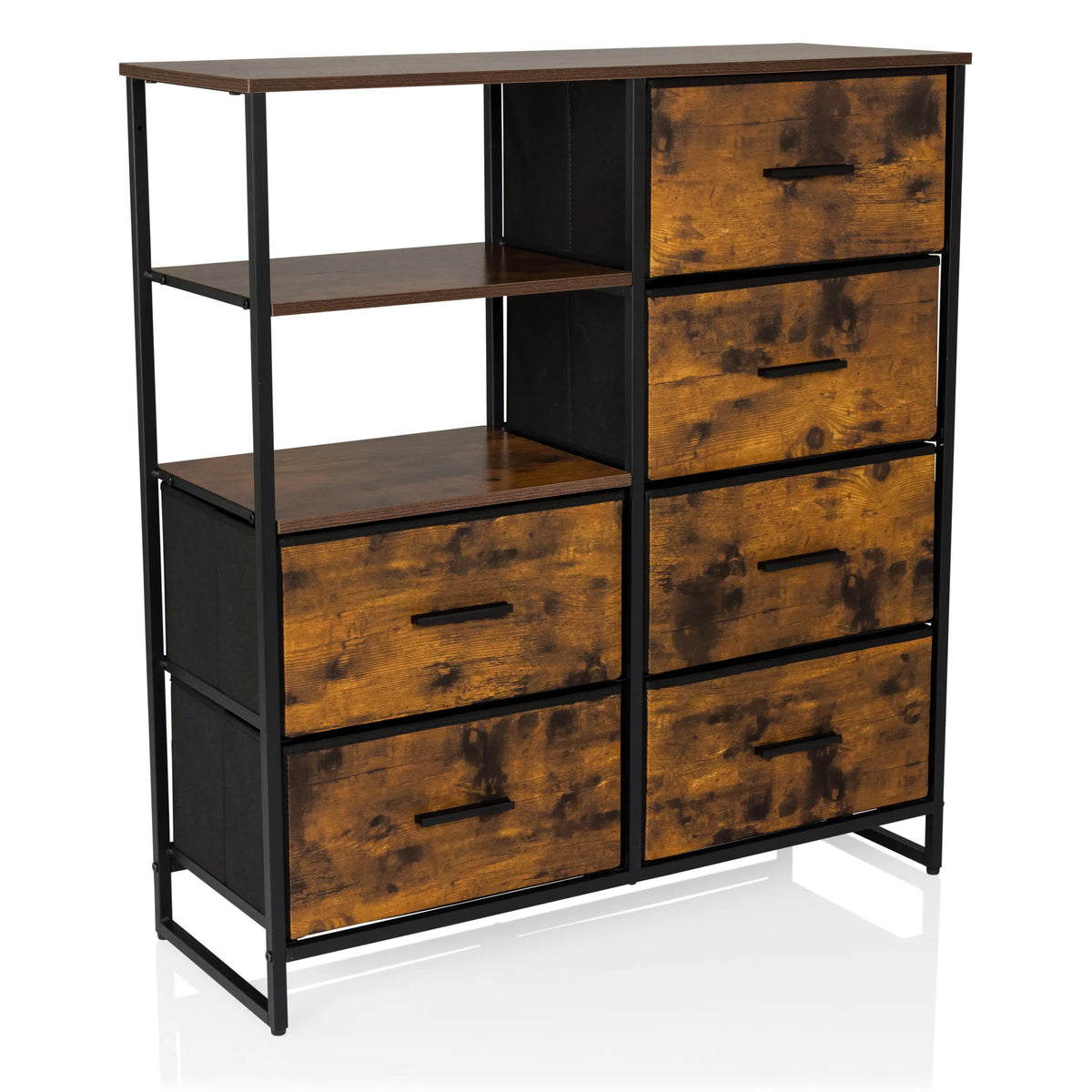 Commode RAGALA in gerookt eiken met zwarte metalen accenten, twee legplanken en zes laden van hjh LIVING – 360-gradenweergave (schuin vooraanzicht 30°)