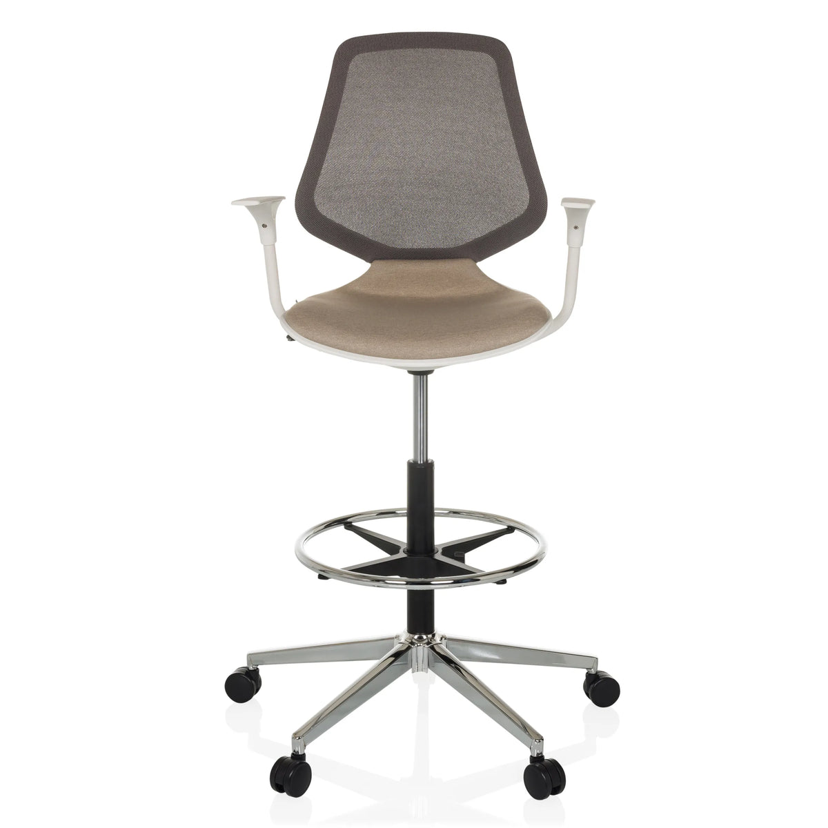Beige Baliestoel TOP WORK STYLE met netrug, voetring en vijfpoot met wielen van hjh OFFICE – 360-gradenweergave (vooraanzicht 0°)