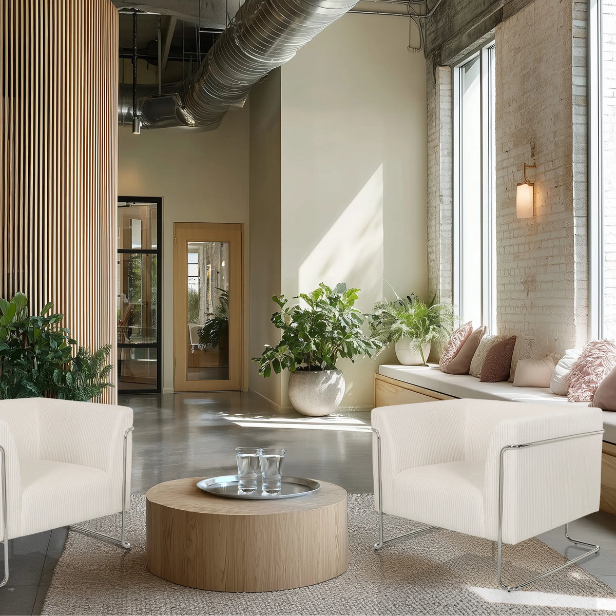 Zwei weiße Loungesessel Curacao Cord mit Metallgestell und einem runden Couchtisch von hjh LIVING
