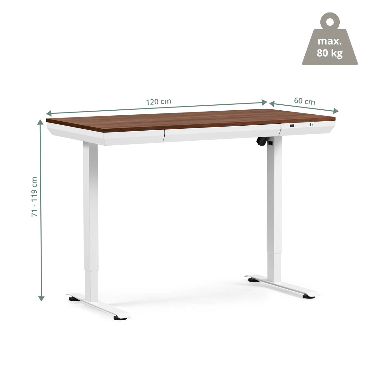 Maattekening van het elektrisch in hoogte verstelbaar bureau Worktime Plus van 120 × 60 cm van hjh OFFICE