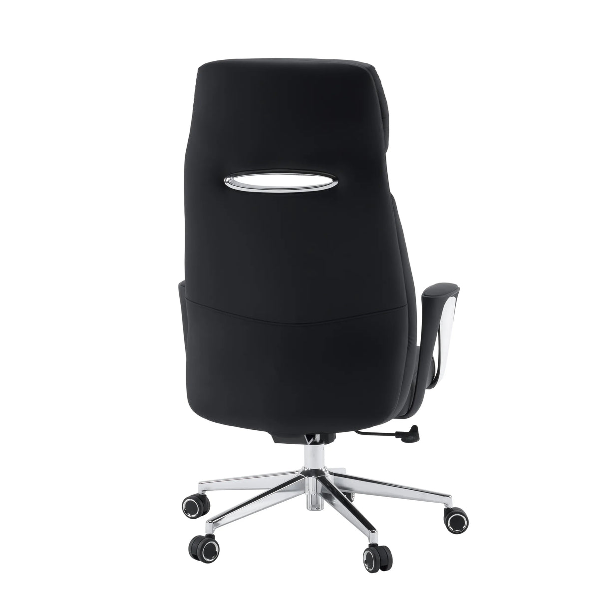 Achteraanzicht van de professionele directiestoel VELVET ECO in zwart met chromen onderstel en tapijtwieltjes van hjh OFFICE