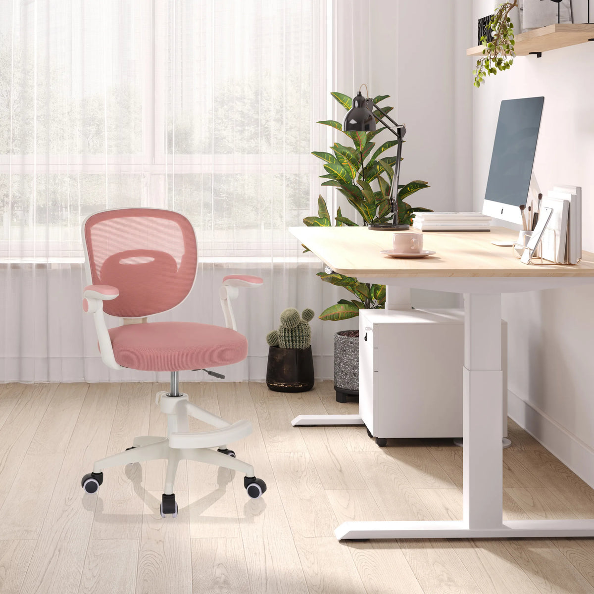 Roze Kinder bureaustoel KIDDY SMART met netrugleuning en witte armleuningen van hjh OFFICE