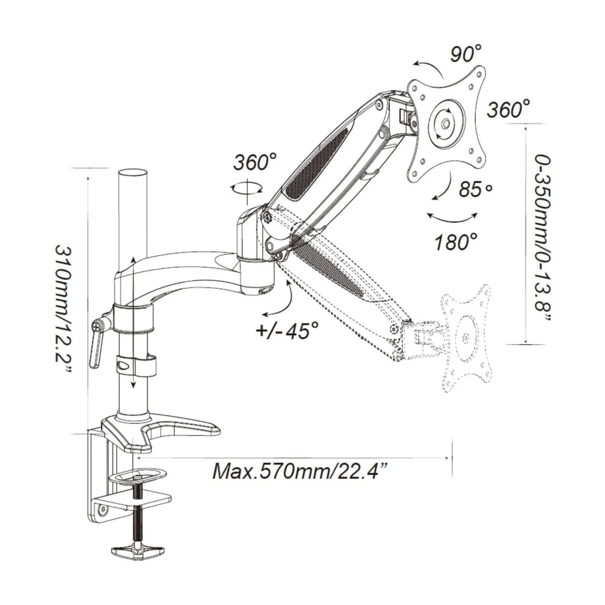 Technische tekening van de Monitorsteun VM-MG1 met een maximale diepte van 570 mm van hjh OFFICE