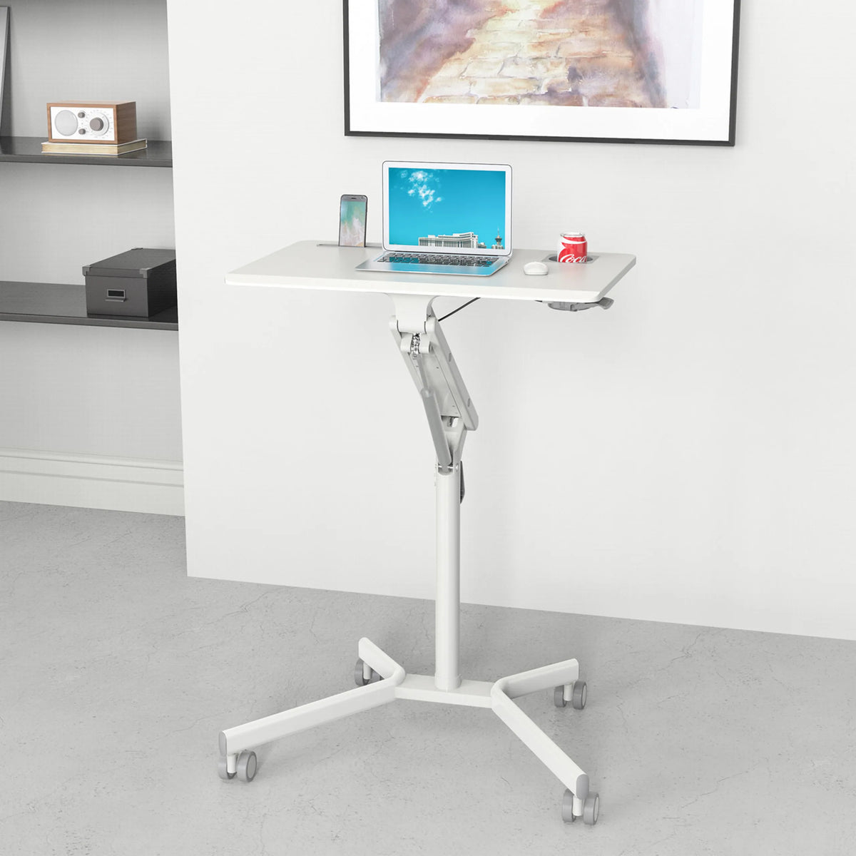 Wit zit- sta bureau STAND VM-SU I met in hoogte verstelbaar frame en kruisvoet op wielen van hjh OFFICE