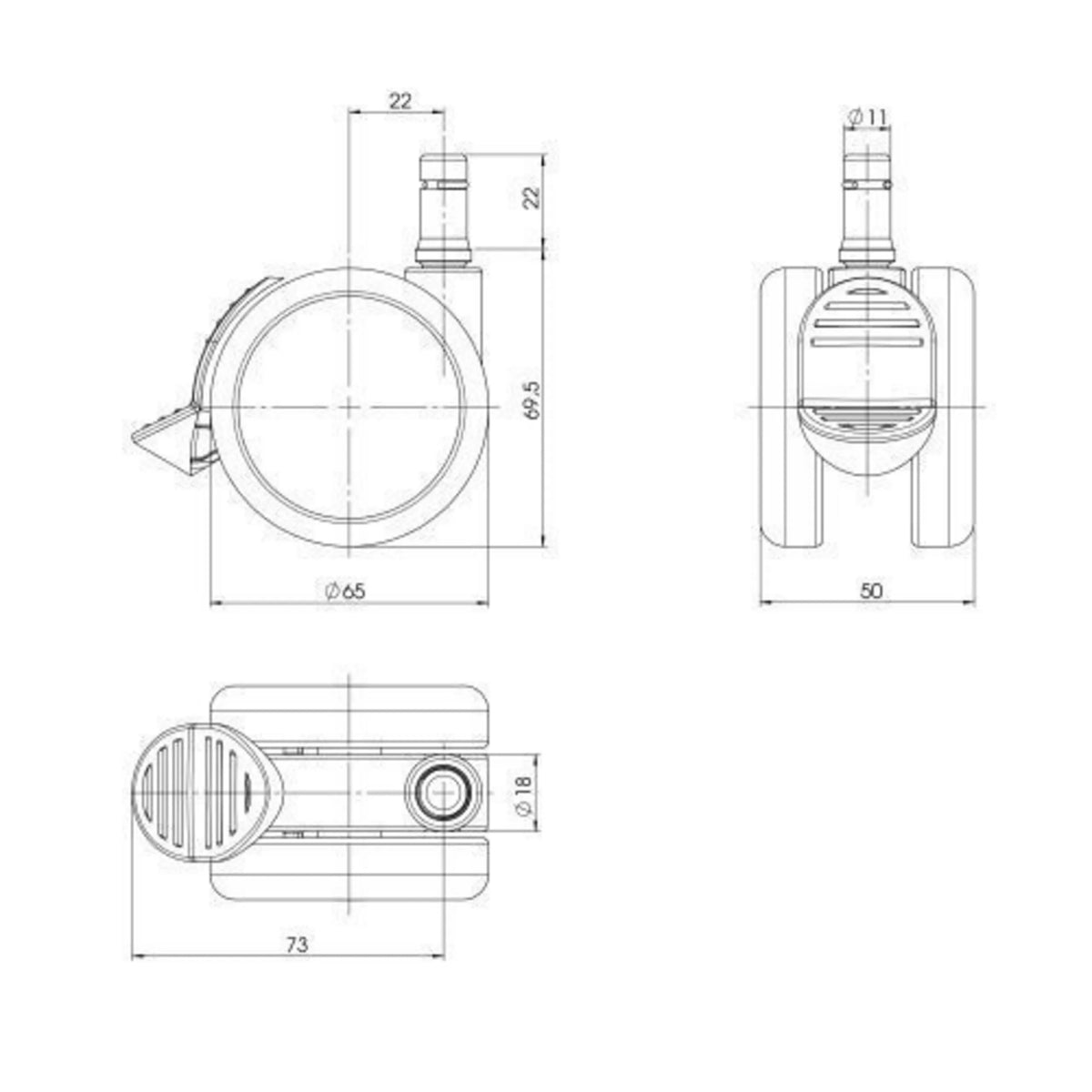 Technische tekening van de Bureaustoelwielen 5x ROLO STOP 11mm/65mm met een diameter van 65 mm van hjh OFFICE