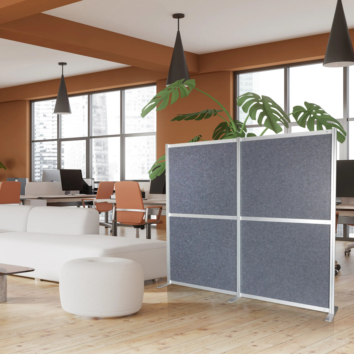 Grijze scheidingswand FLEXMIUT MODUL met zilverkleurig aluminium frame in een modern kantoor van hjh OFFICE