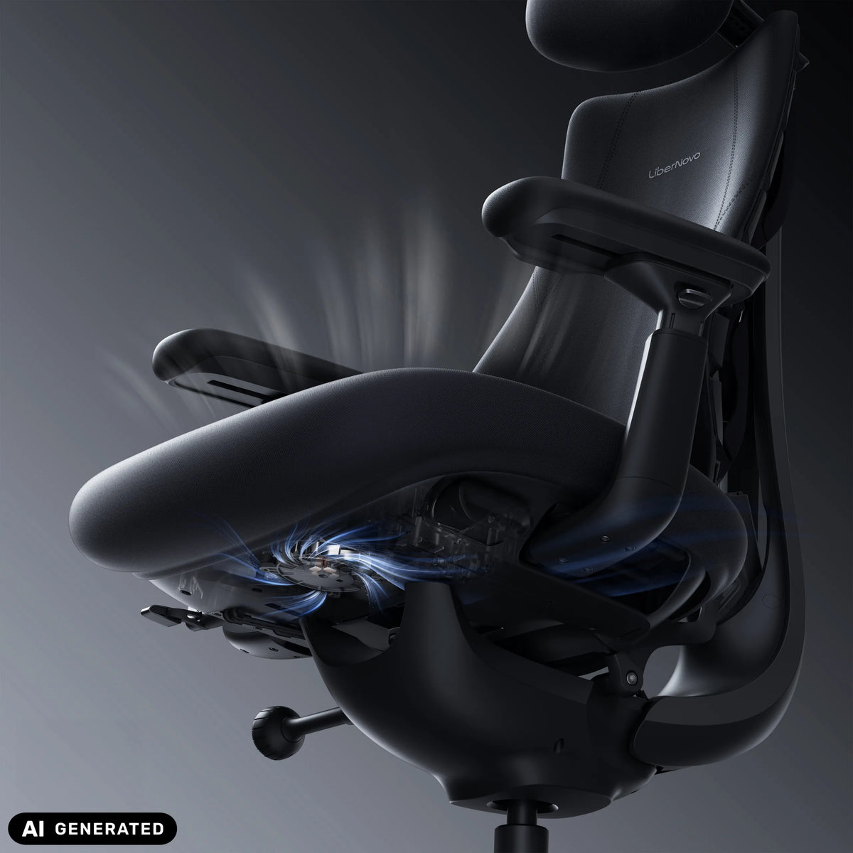 Zitmechanisme van de LiberNovo Maxis Airflow bureaustoel in grafiet met grafische weergave van de luchtstroom van Libernovo