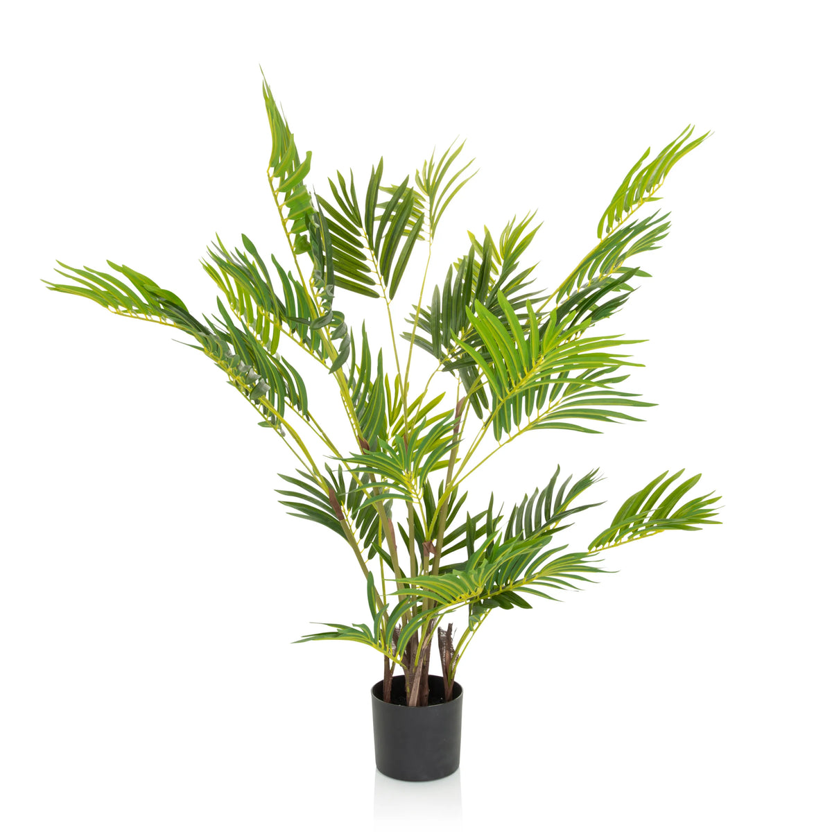 Groene Kunstplant ARECA I met palmachtige bladeren in een zwarte pot van hjh OFFICE – 360-gradenweergave (vooraanzicht 0°)