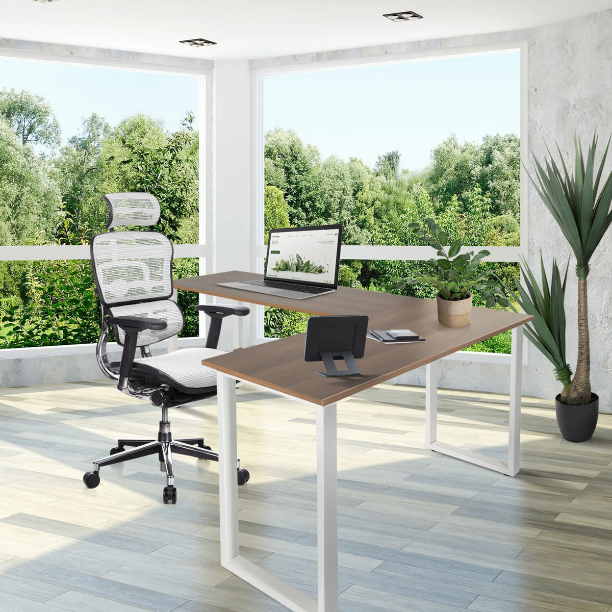 Hoekbureau WORKSPACE BASIC I in walnoot en wit met wit onderstel van hjh OFFICE
