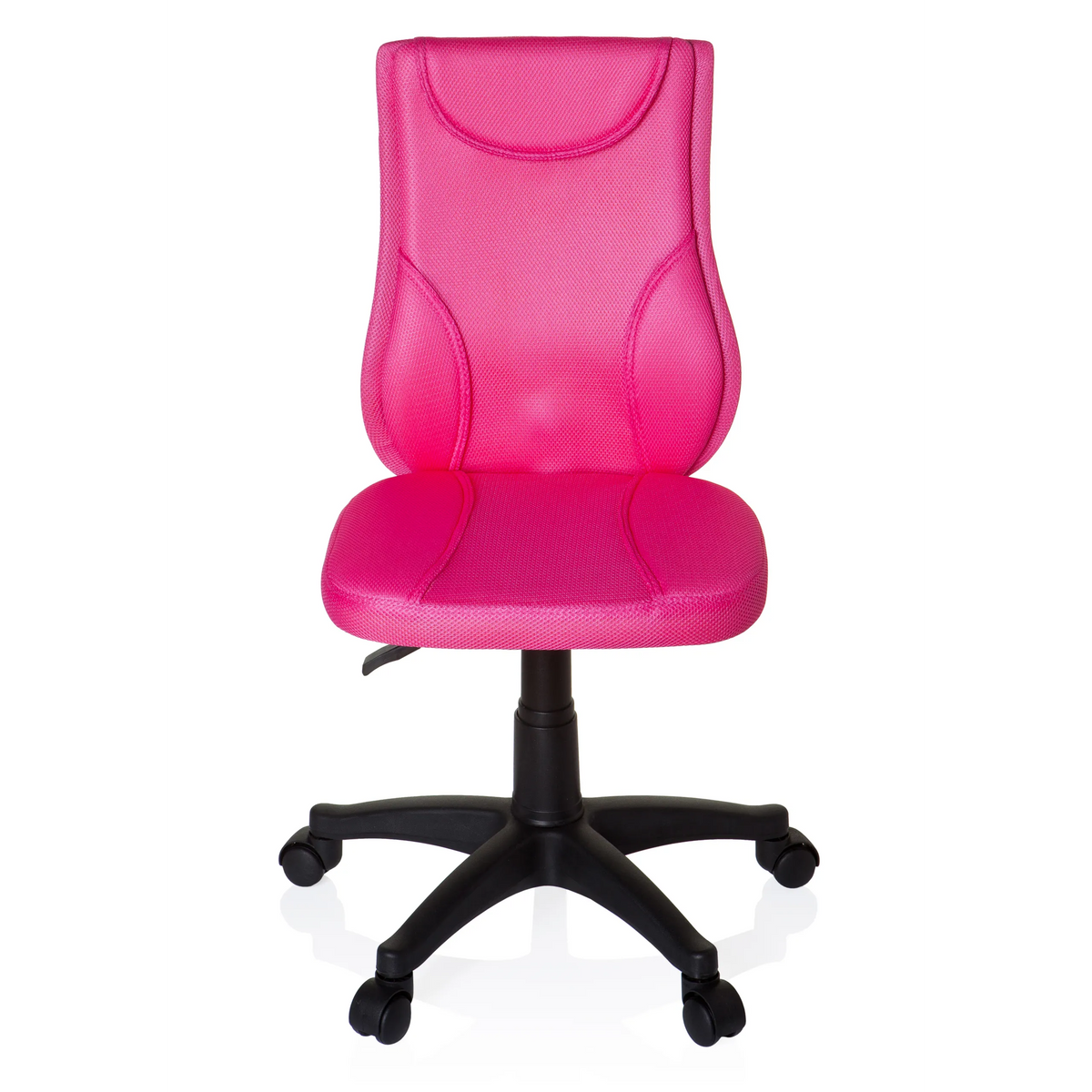 Roze Kinder bureaustoel KIDDY BASE met netrug en zwart vijfpootkruis met wieltjes van hjh OFFICE – 360-gradenweergave (vooraanzicht 0°)
