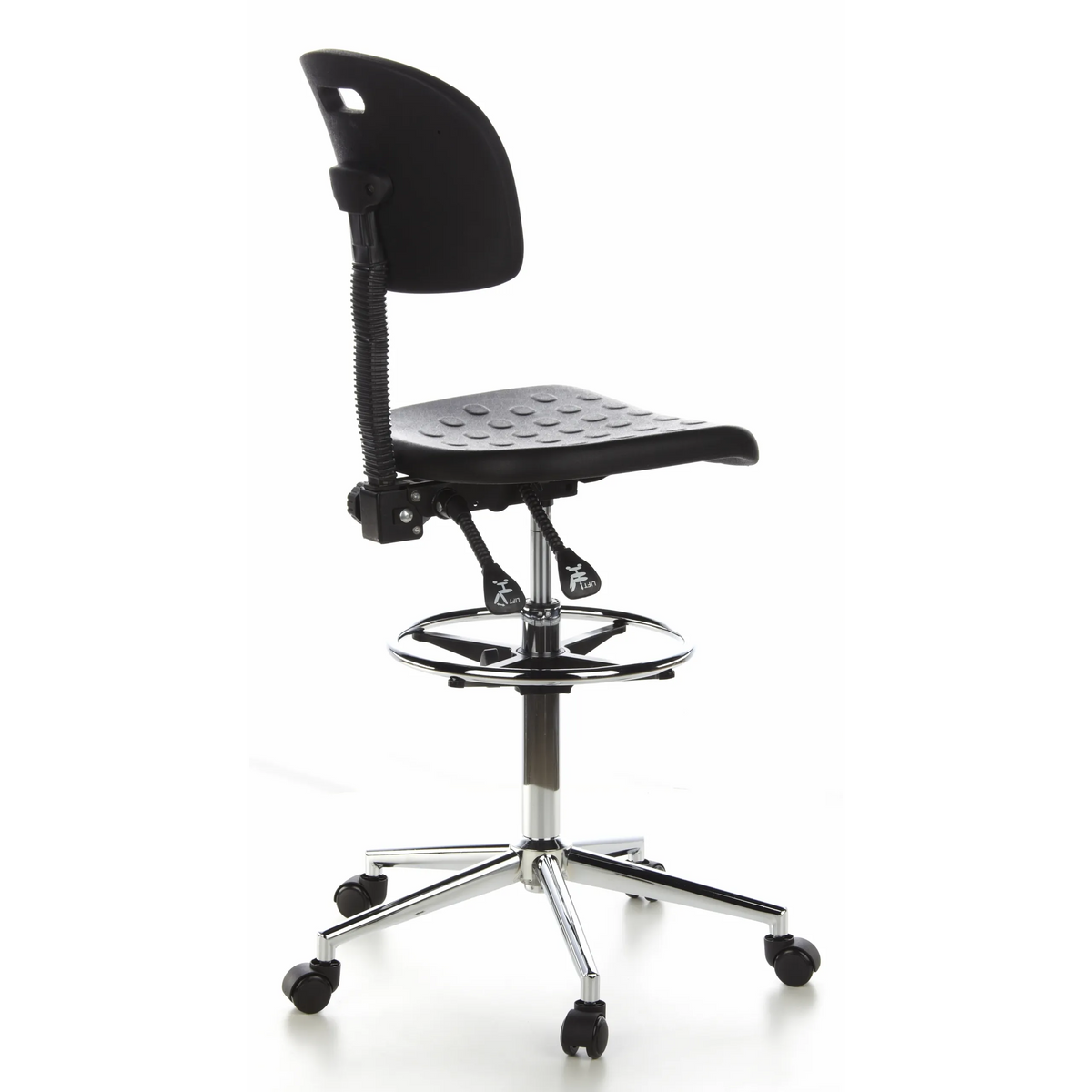 Zwarte Baliestoel TOP WORK 23 met voetring en vijfsterrenvoet met wielen van hjh OFFICE – 360-gradenweergave (schuin achteraanzicht 120°)