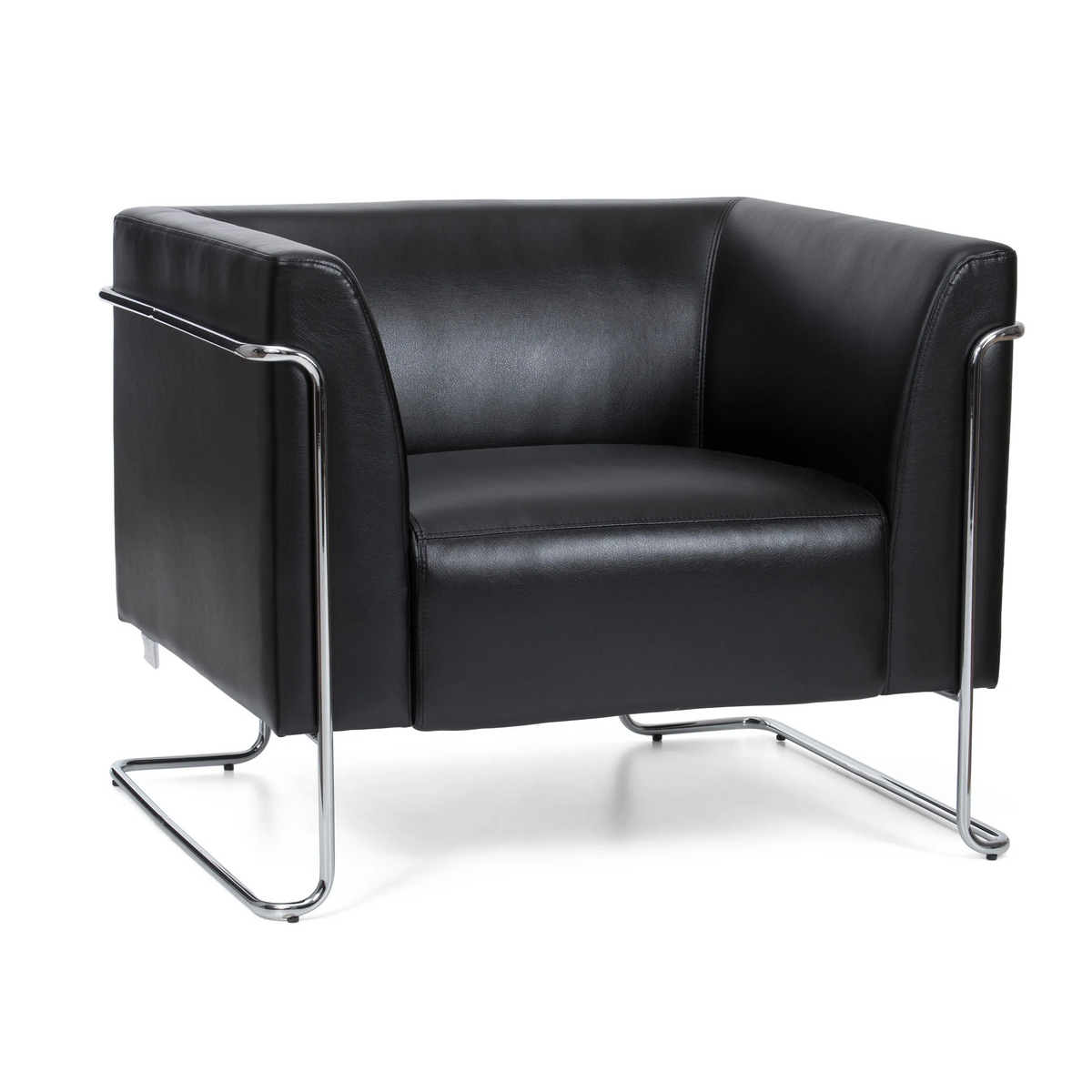 Zwarte gestoffeerde fauteuil CURACAO met verchroomd buizenframe van hjh OFFICE – 360-gradenweergave (vooraanzicht 20°)