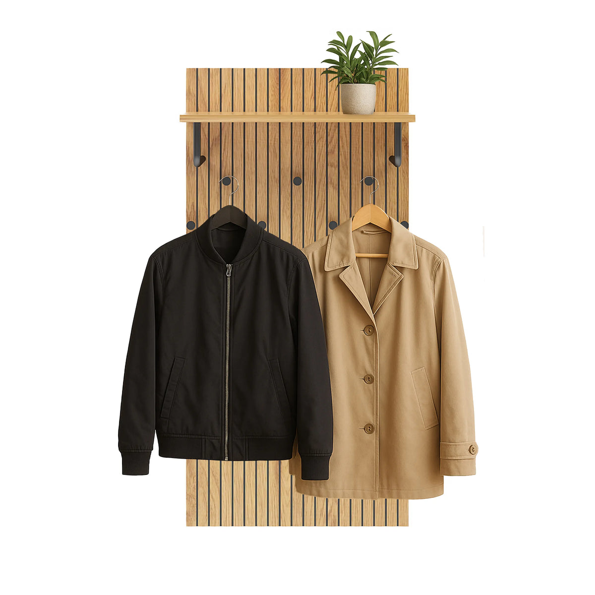 Wandkapstok LINNO SPACE in eiken en zwart met aflegplateau en kledinghaken van hjh LIVING
