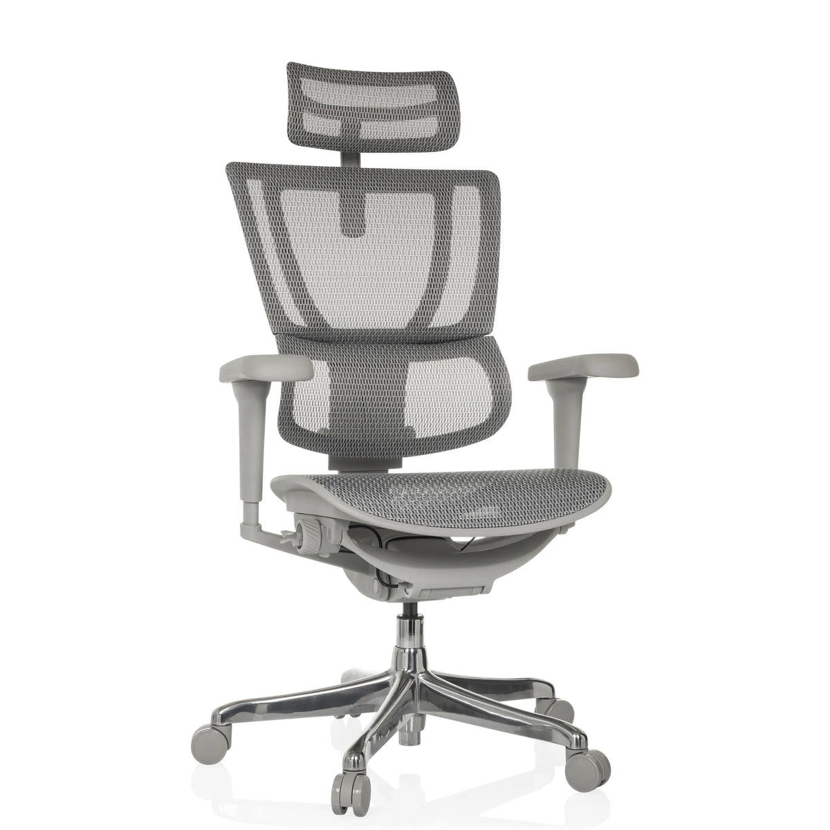 Grijze luxe directiestoel ERGOHUMAN SLIM ULTRA G GEN2 met netrugleuning en vijfster-onderstel met zwenkwielen van hjh OFFICE – 360-gradenweergave (vooraanzicht 15°)