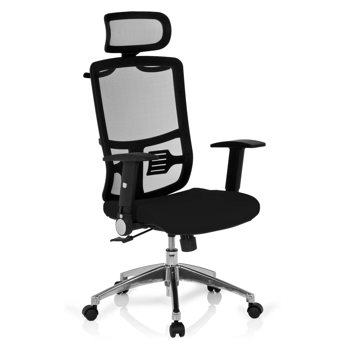 Zwarte Professionele bureaustoel CAYEN met netrug, hoofdsteun en vijfpoot met wielen van hjh OFFICE – 360-gradenweergave (schuin vooraanzicht 40°)