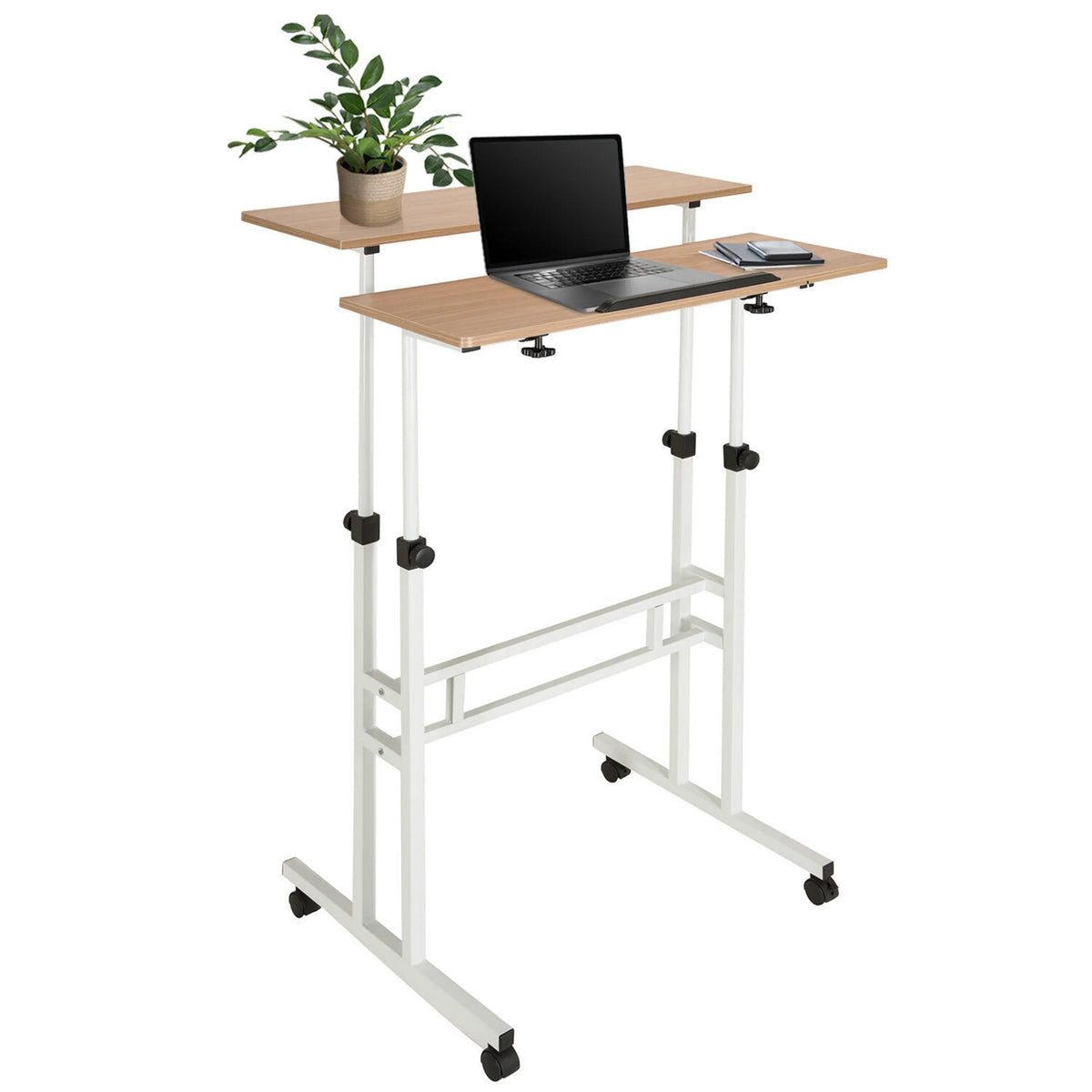 Zit- Sta bureau WORKSTATION I in wit en eiken met twee niveaus en zwenkwielen van hjh OFFICE