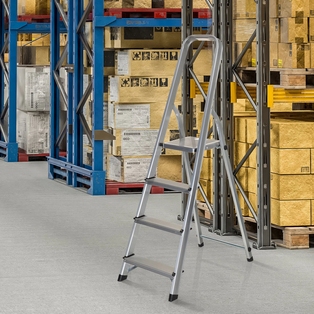 Aluminium Klaptrap SOLID II met vier treden en veiligheidsbeugel van hjh OFFICE