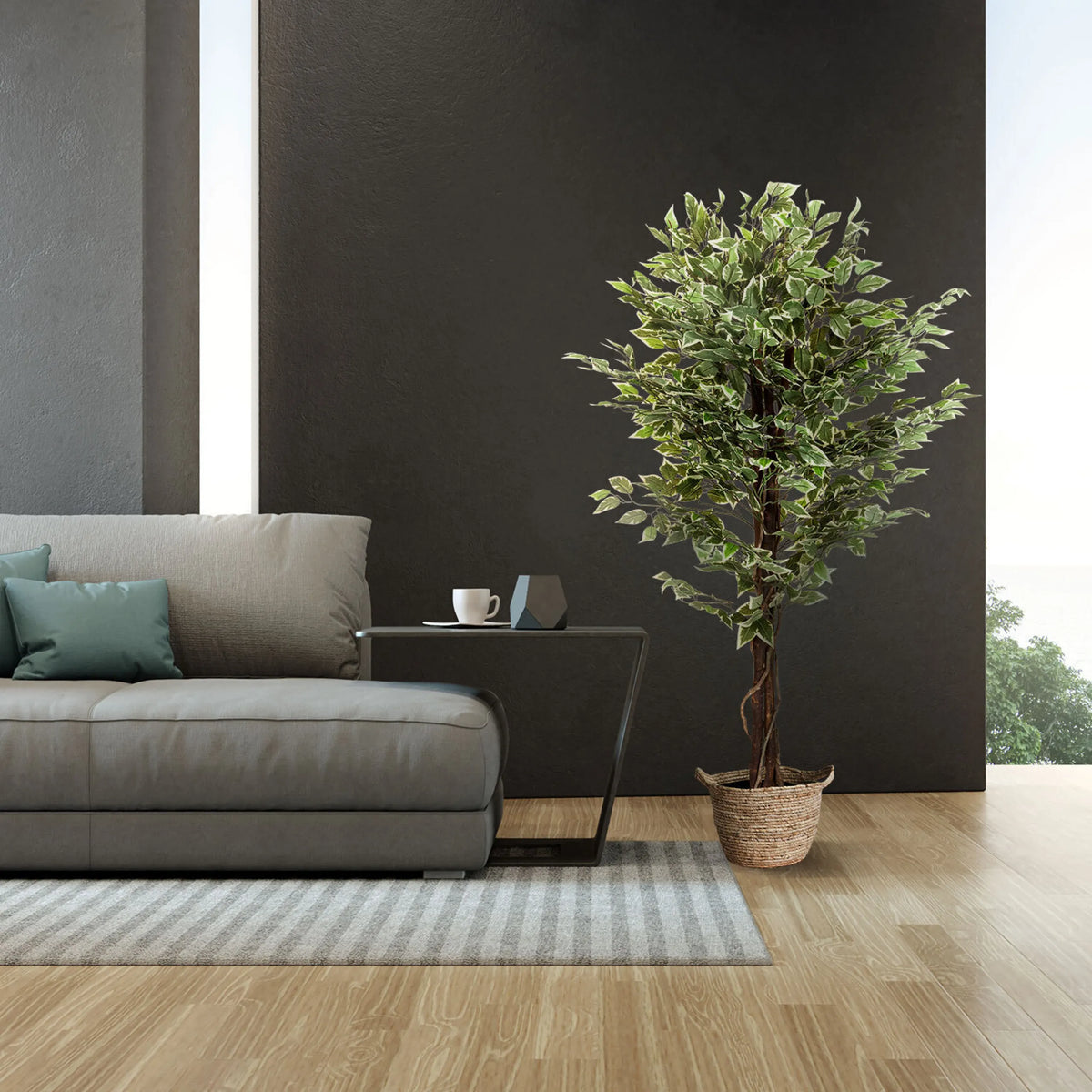 Kunstplant FICUS in groene kleur in een gevlochten mand van hjh OFFICE