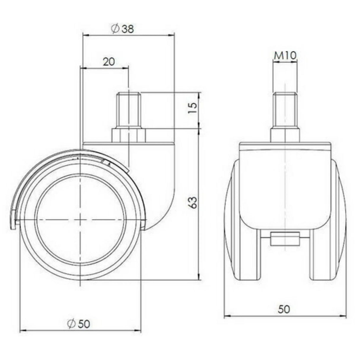 Technische tekening van de bureaustoelwielen 5x ROLO M10/50mm met een diameter van 50 mm van hjh OFFICE
