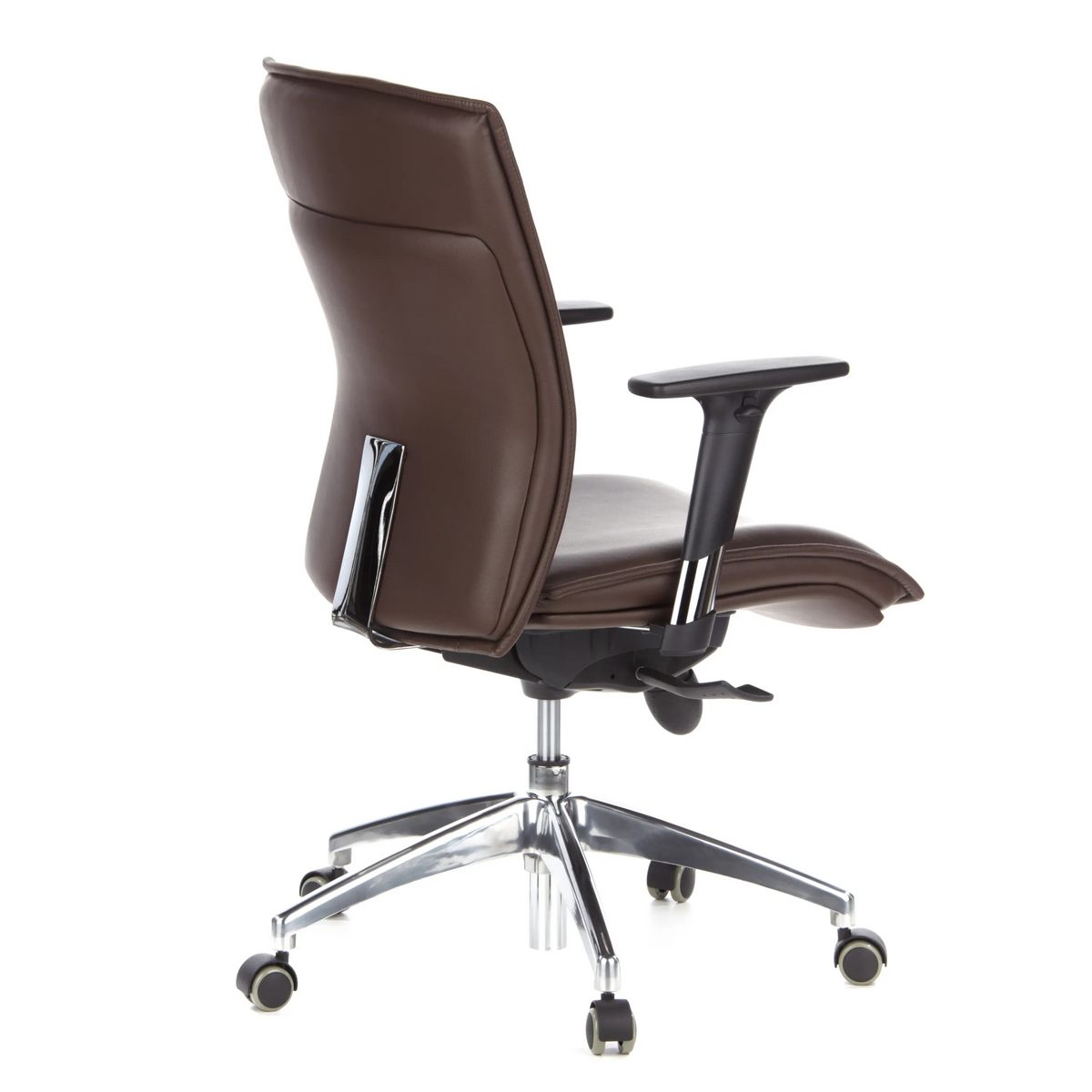 Donkerbruine Luxe directiestoel MURANO 10 met armleuningen en vijfpoot met wielen van hjh OFFICE – 360-gradenweergave (schuin achteraanzicht 120°)