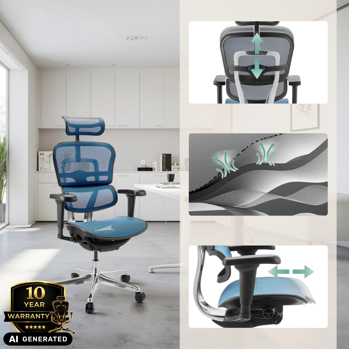 Blauwe luxe directiestoel ERGOHUMAN ULTRA GEN2 met verstelbare functies van hjh OFFICE (AI-gegenereerde afbeelding)
