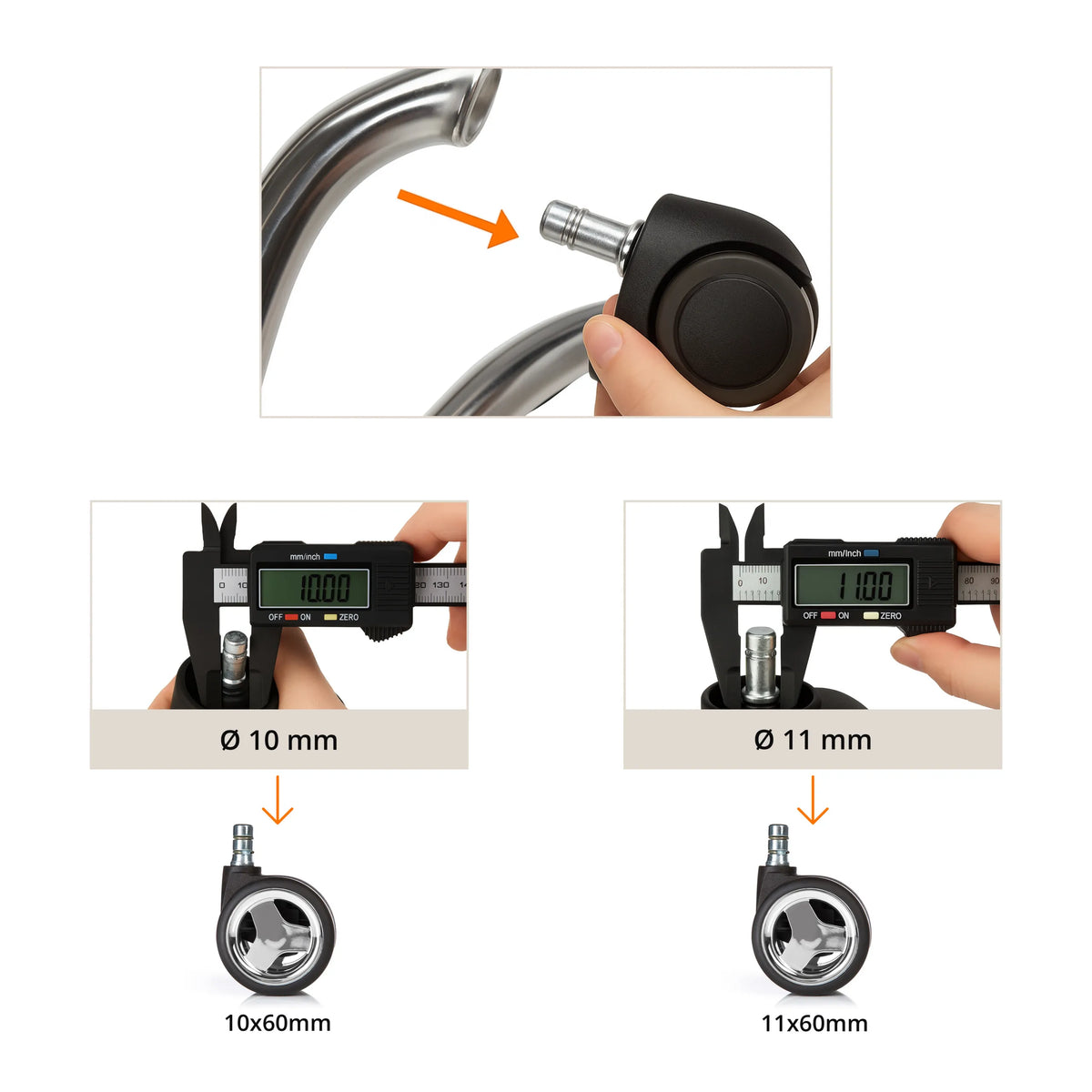Meetinstructies voor de penbreedte van de 5x ROLO GAME No-Noise 11mm/60mm Bureaustoelwielen in 10 mm en 11 mm van hjh OFFICE