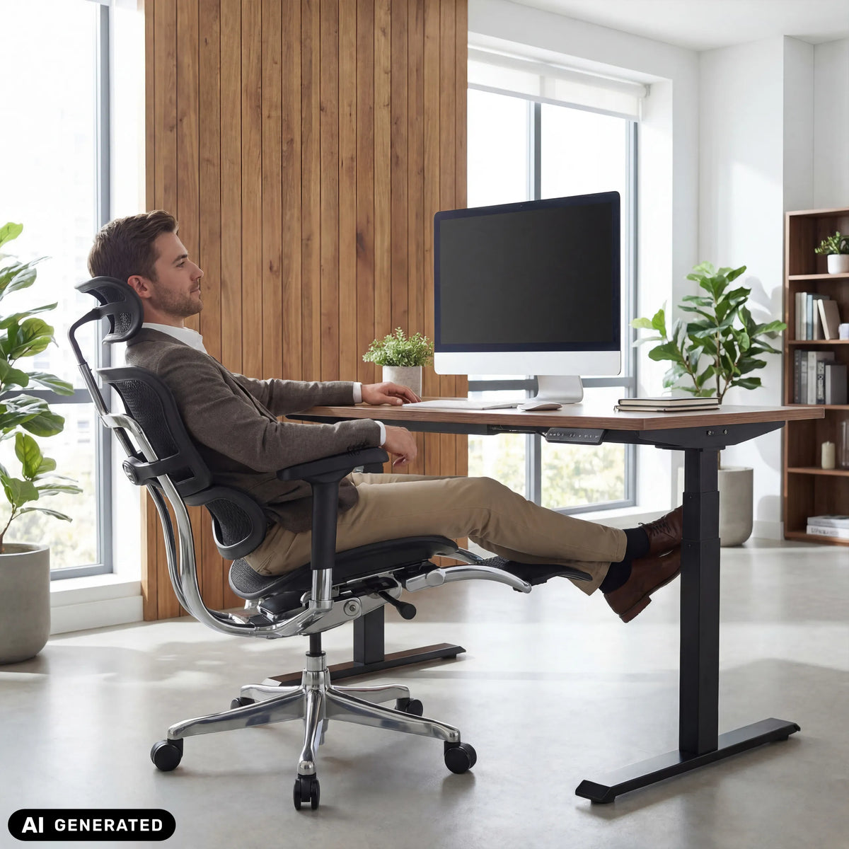 Luxe directiestoel ERGOHUMAN PLUS LEGPRO GEN2 met netrug in het zwart van hjh OFFICE (AI-gegenereerde afbeelding)