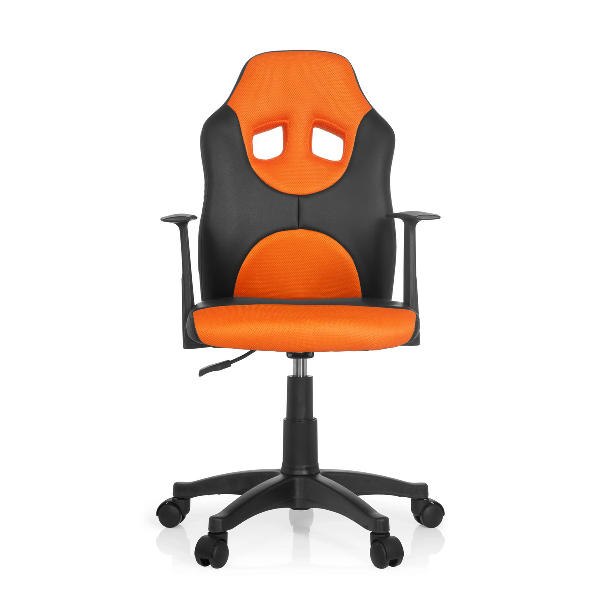 Zwart-oranje Kinder bureaustoel KID GAME AL met netrugleuning en vijfpoot met wieltjes van hjh OFFICE – 360-gradenweergave (vooraanzicht 0°)