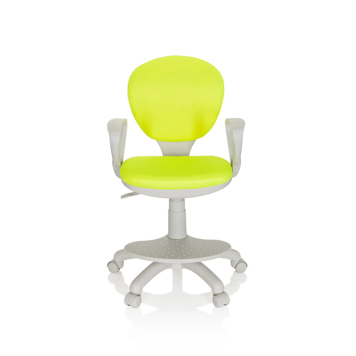 Groene Kinder bureaustoel KID COLOUR G1 met grijze armleuningen en vijfpoot-onderstel met wieltjes van hjh OFFICE – 360-gradenweergave (vooraanzicht 0°)