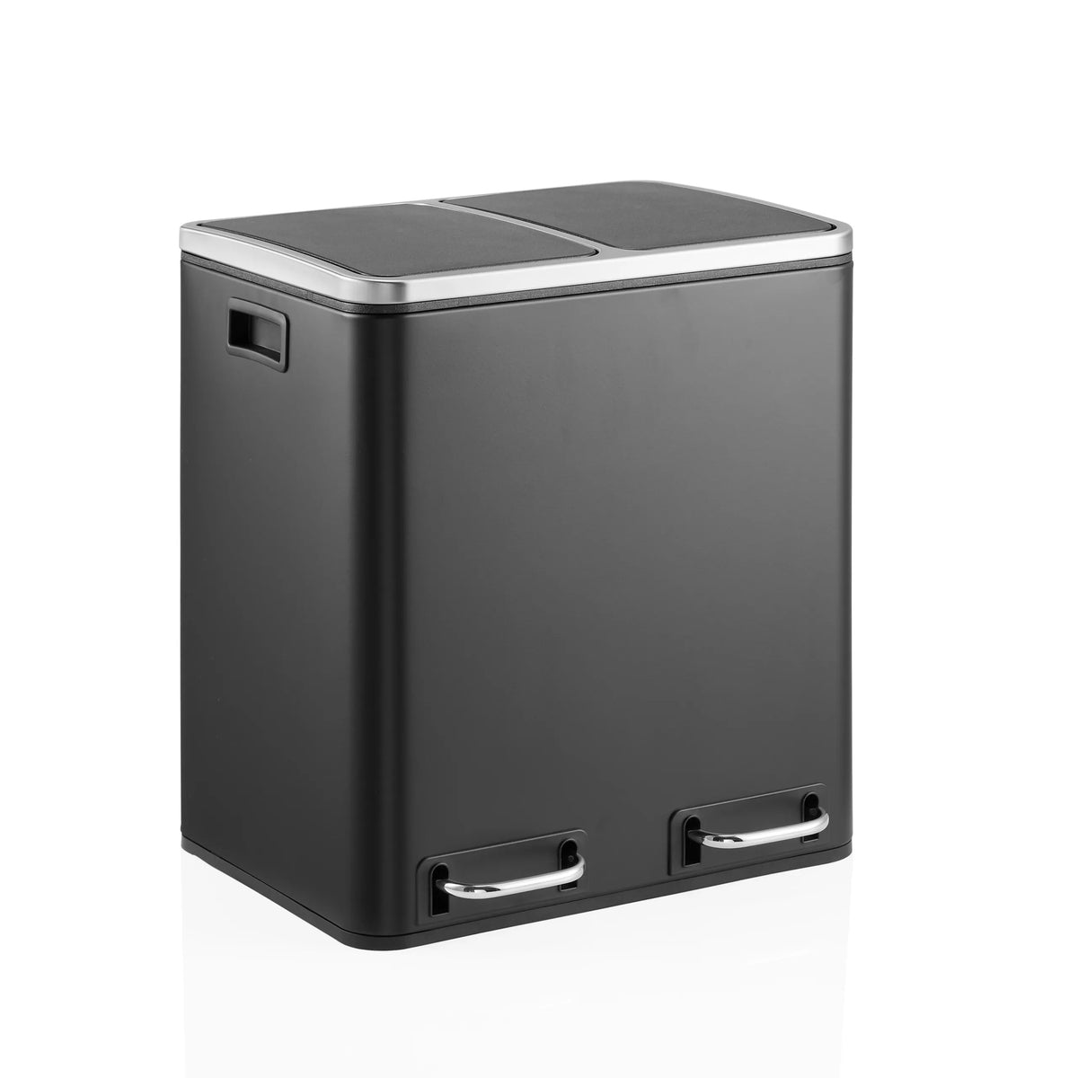 Zwarte Prullenbak Clean 9 met twee vakken, zilveren rand van het deksel en twee handgrepen van hjh OFFICE – 360-gradenweergave (schuin vooraanzicht 30°)