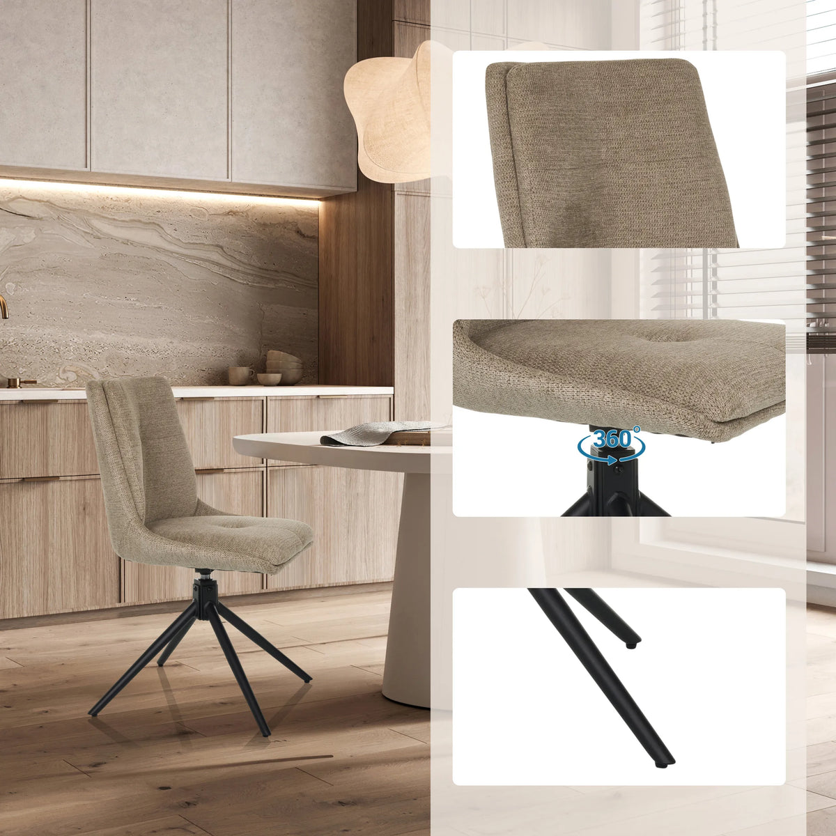 Beige gestoffeerde stoel TARVISO I met gestructureerde stofbekleding en zwarte stervormige voet van hjh LIVING