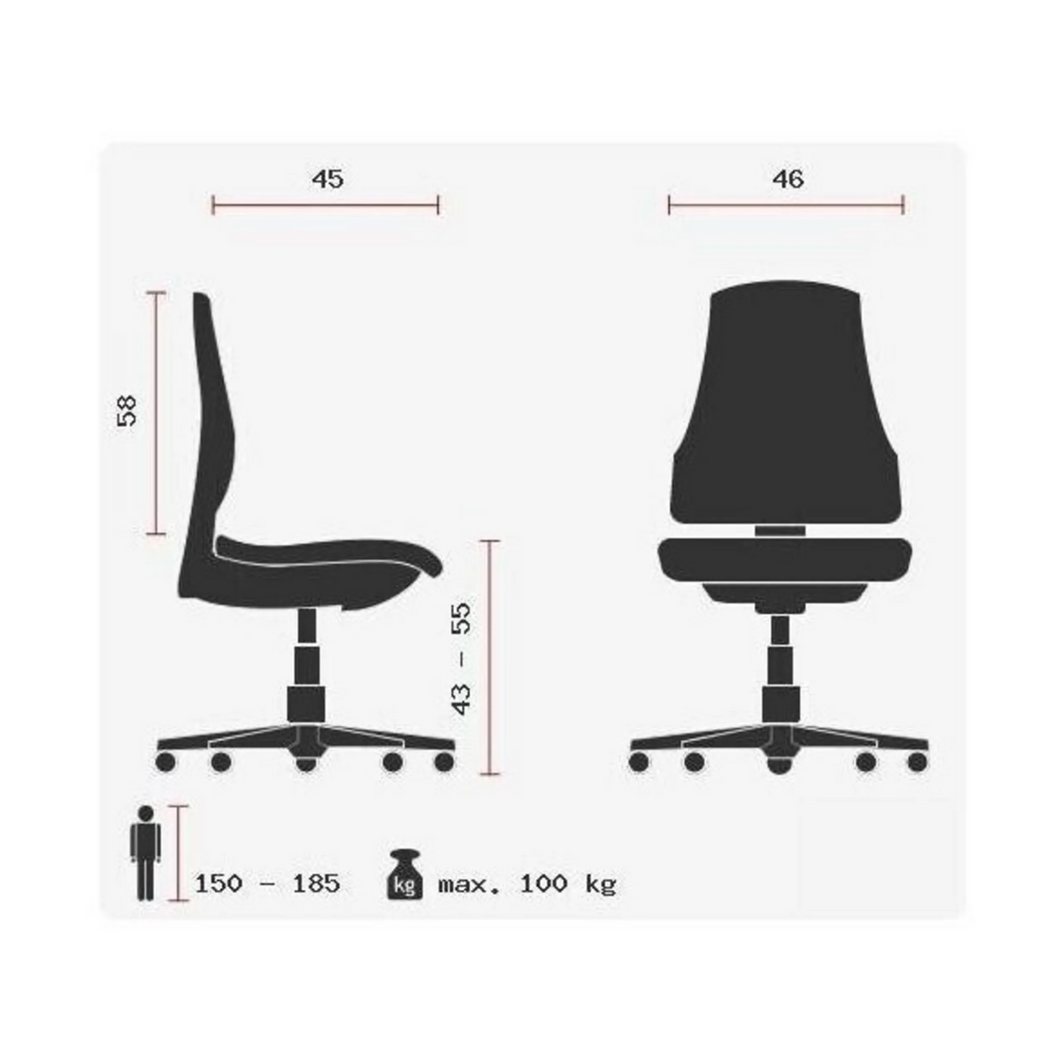 Technische tekening van de Thuisgebruik bureaustoel WELLPOINT 10 met een maximale draagkracht van 100 kg van Topstar