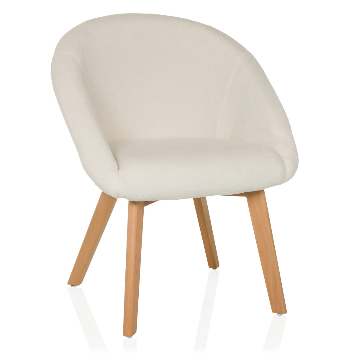 Witte gestoffeerde stoel SCANDI TED met afgeronde rugleuning en vier houten poten van hjh LIVING – 360-gradenweergave (vooraanzicht 15°)