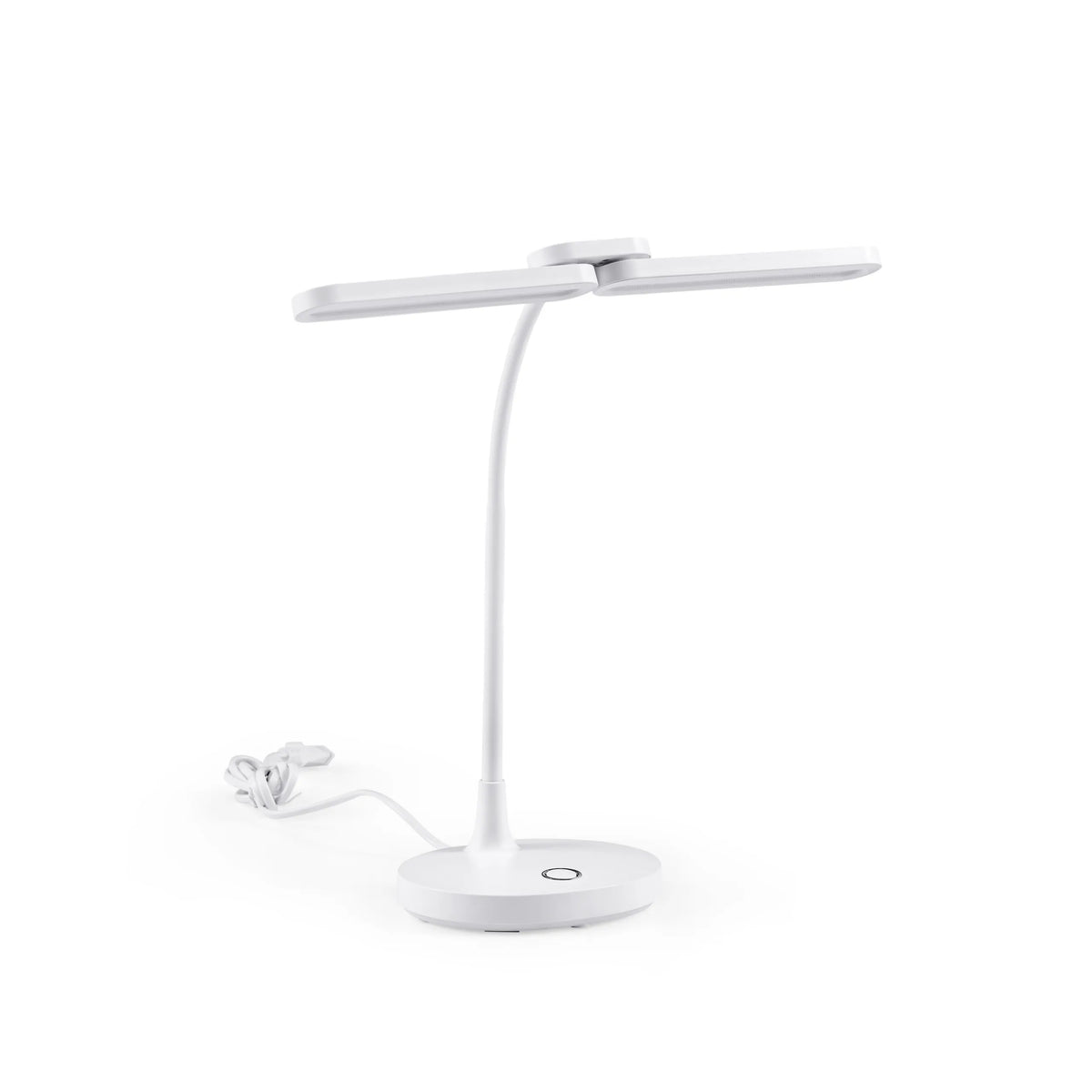 Witte bureaulamp Lumanova D6 met T-vormige lampenkop en ronde voet van hjh OFFICE – 360-gradenweergave (schuin vooraanzicht 30°)