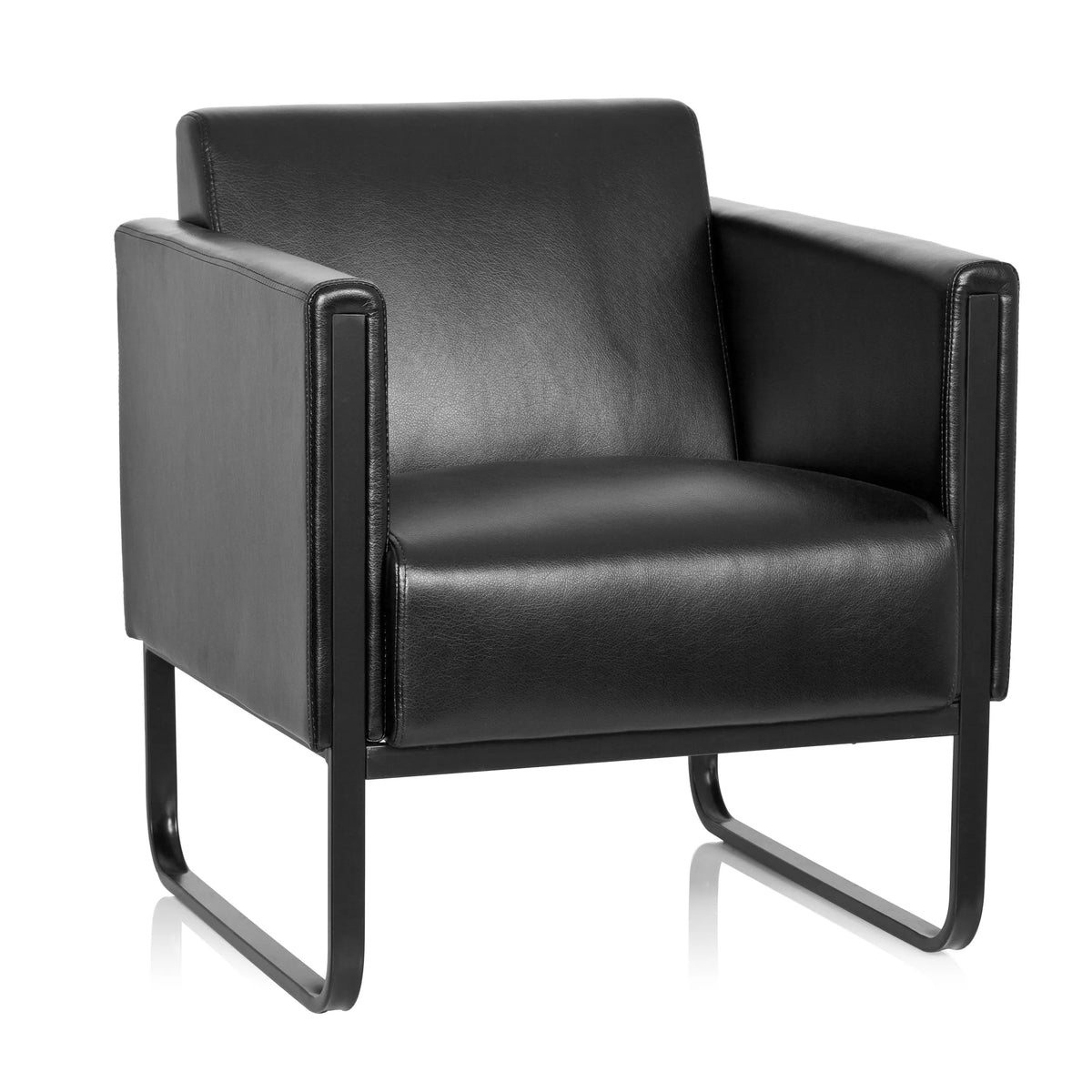 Zwarte gestoffeerde fauteuil BALI BLACK met armleuningen en een onderstel van hjh OFFICE – 360-gradenweergave (vooraanzicht 20°)