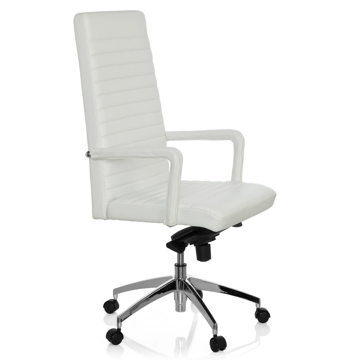 Witte Professionele directiestoel LENGA met horizontale stiknaden en vijfsterrenvoet met rolletjes van hjh OFFICE – 360-gradenweergave (schuin vooraanzicht 60°)